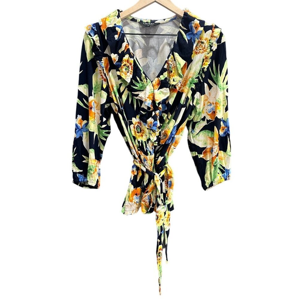 Lauren Ralph Lauren Women’s Floral Wrap Top Belted Peplum Medium Bohemian Spring